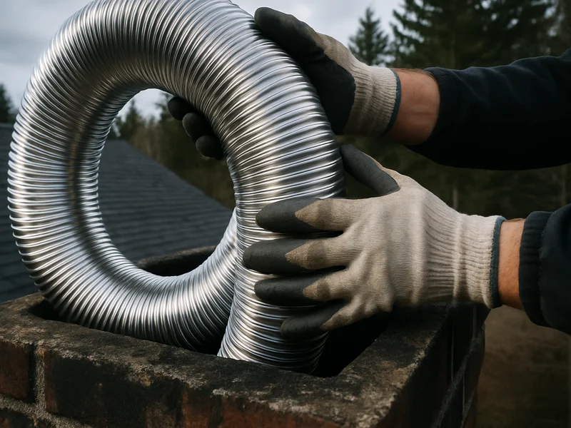 Flexible stainless steel chimney liner being lowered into a masonry flue
